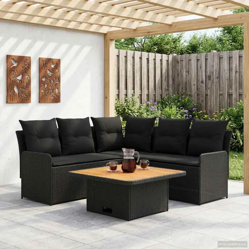 Baldų komplektai su pagalve 4 pcs Juoda PE ratanas