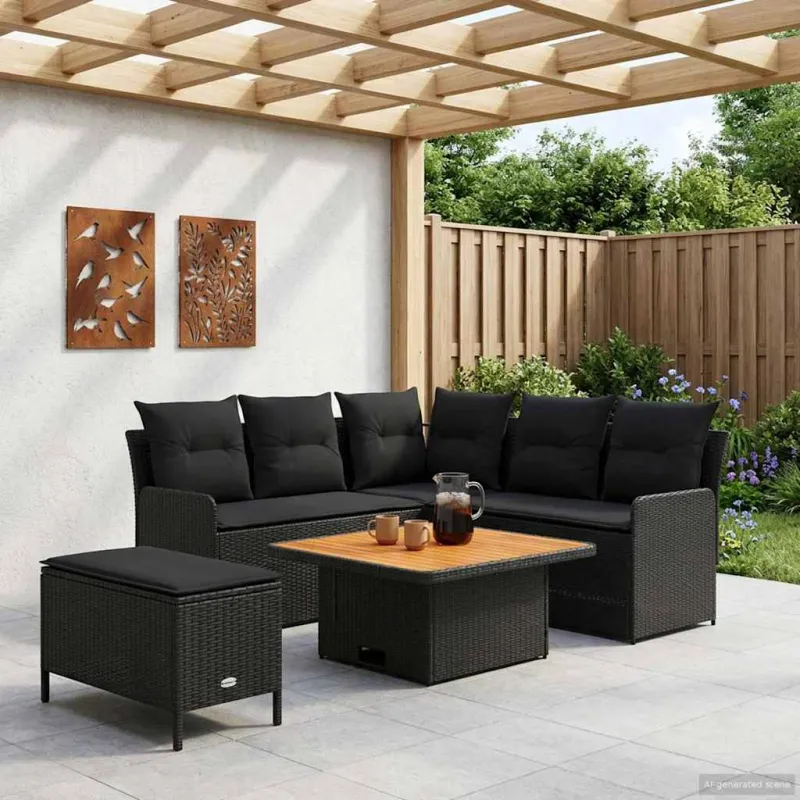 Baldų komplektai su pagalve 5 pcs Juoda PE ratanas