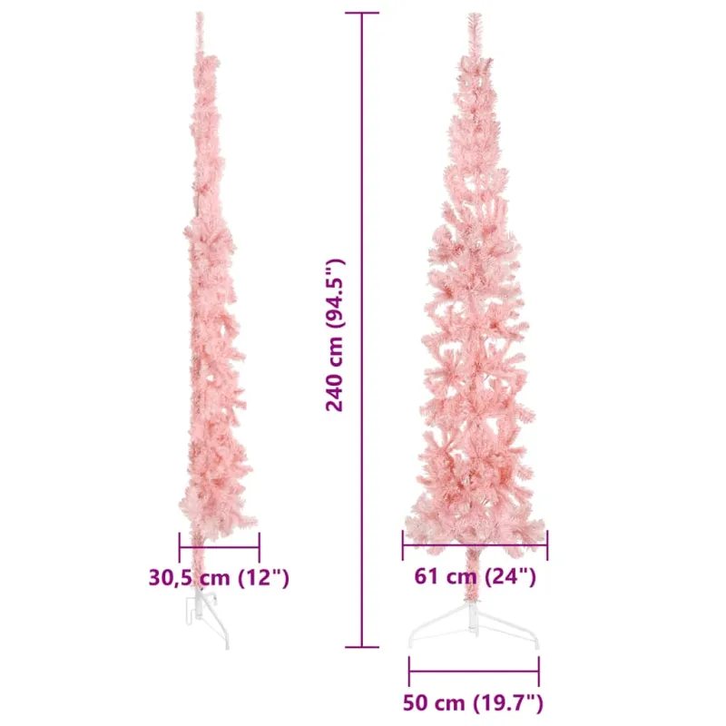 Siaura dirbtinė pusinė Kalėdų eglutė su stovu, rožinė, 240cm