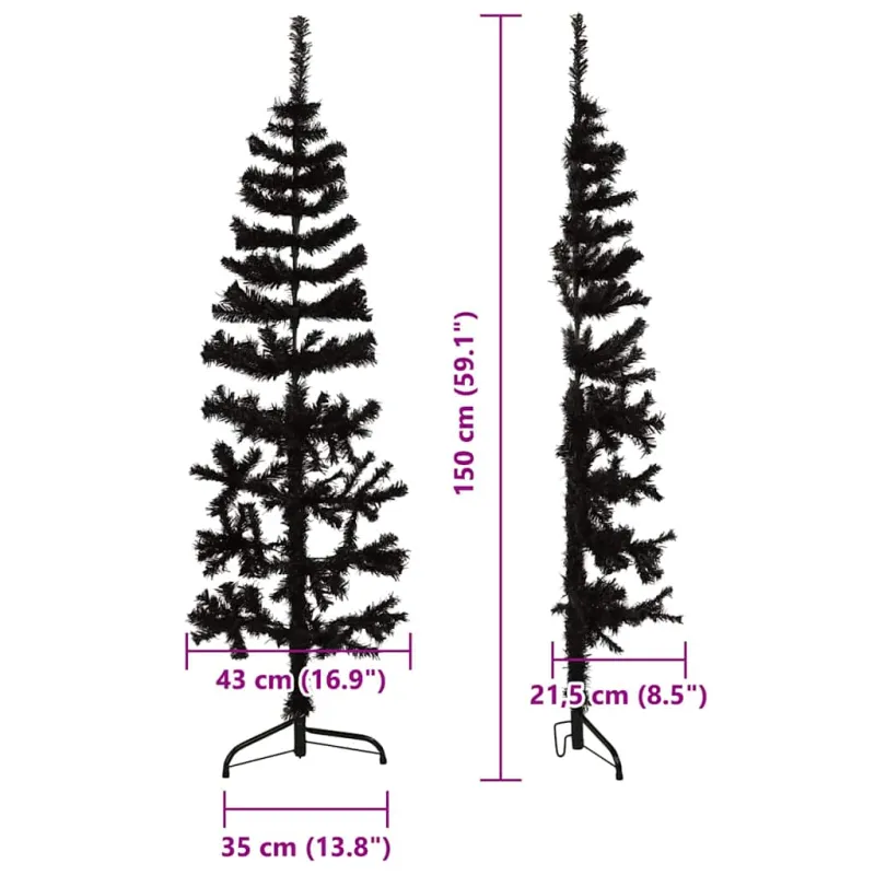 Siaura dirbtinė pusinė Kalėdų eglutė su stovu, juoda, 150cm