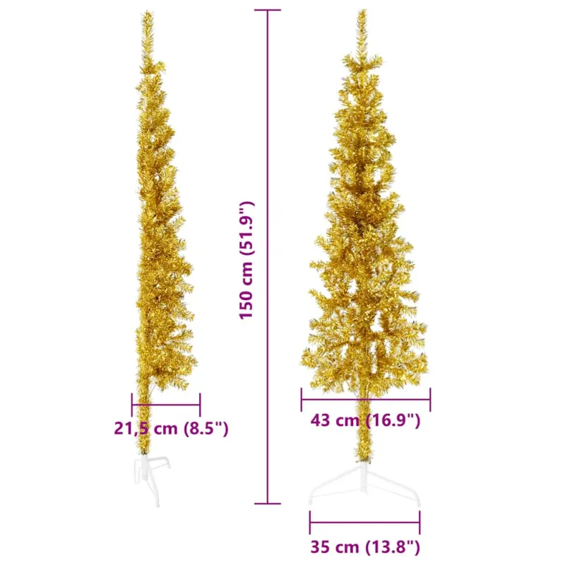 Siaura dirbtinė pusinė Kalėdų eglutė su stovu, auksinė, 150cm