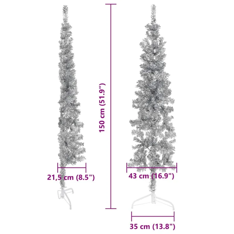 Siaura dirbtinė pusinė Kalėdų eglutė su stovu, sidabrinė, 150cm
