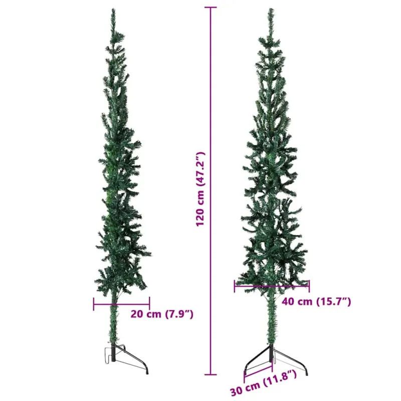 Siaura dirbtinė pusinė Kalėdų eglutė su stovu, žalia, 120cm