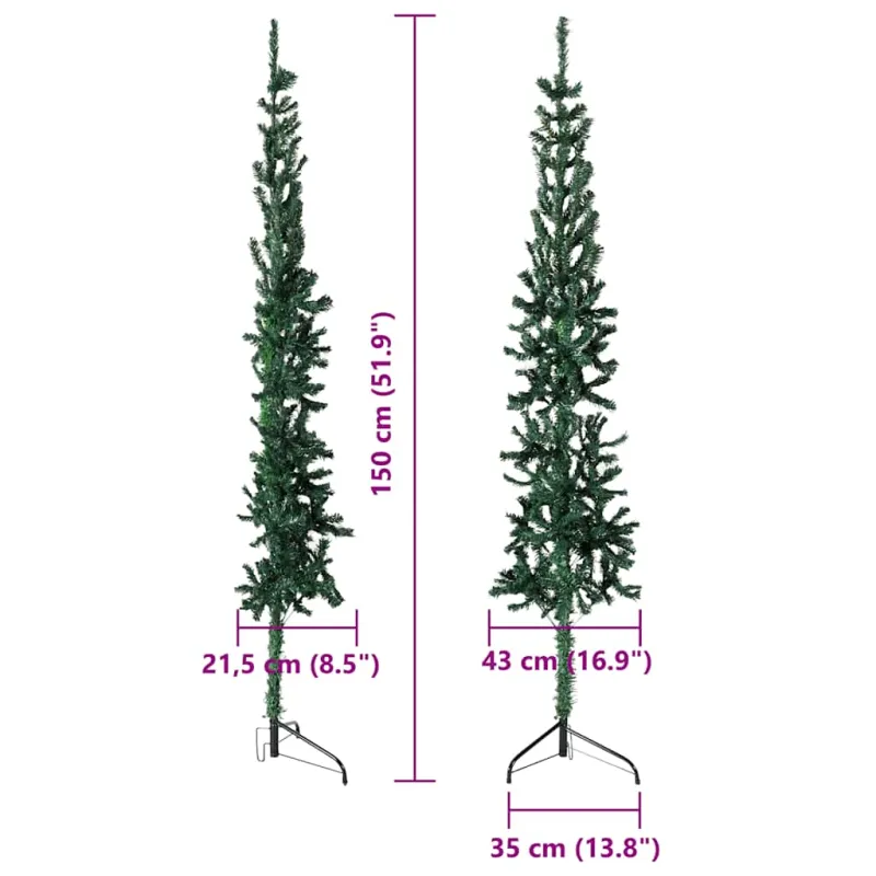 Siaura dirbtinė pusinė Kalėdų eglutė su stovu, žalia, 150cm