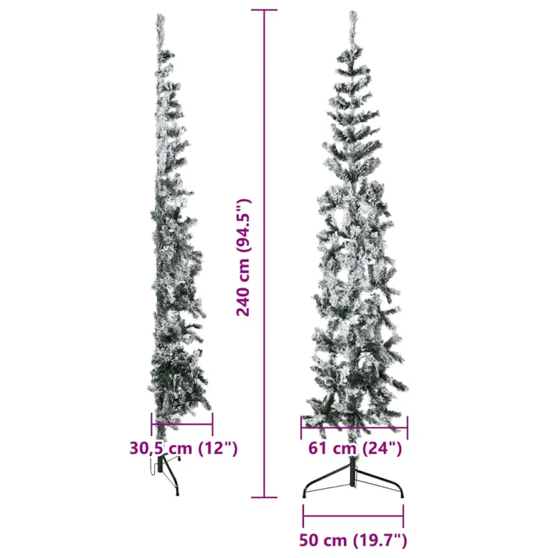 Siaura dirbtinė Kalėdų eglutė, 240cm, padengta sniegu