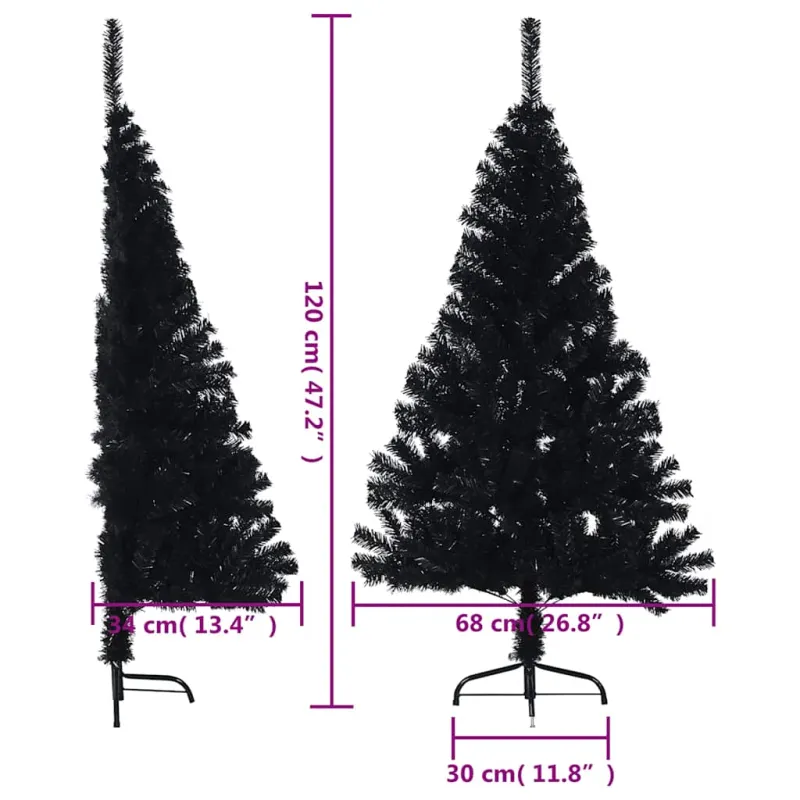 Dirbtinė pusinė Kalėdų eglutė su stovu, juoda, 120cm, PVC