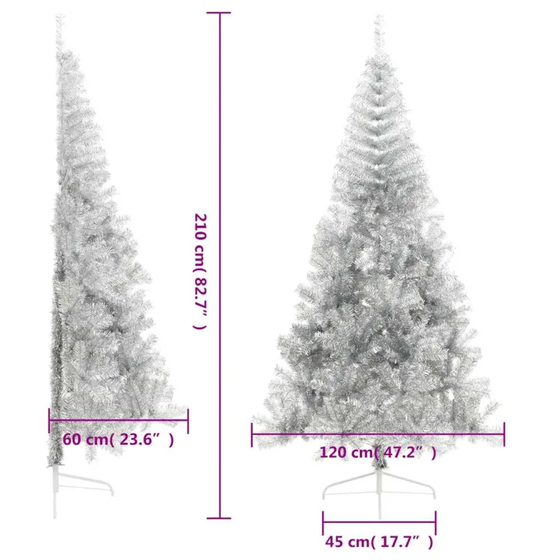 Dirbtinė pusinė Kalėdų eglutė su stovu, sidabrinė, 210cm, PET