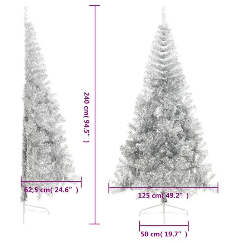 Dirbtinė pusinė Kalėdų eglutė su stovu, sidabrinė, 240cm, PET