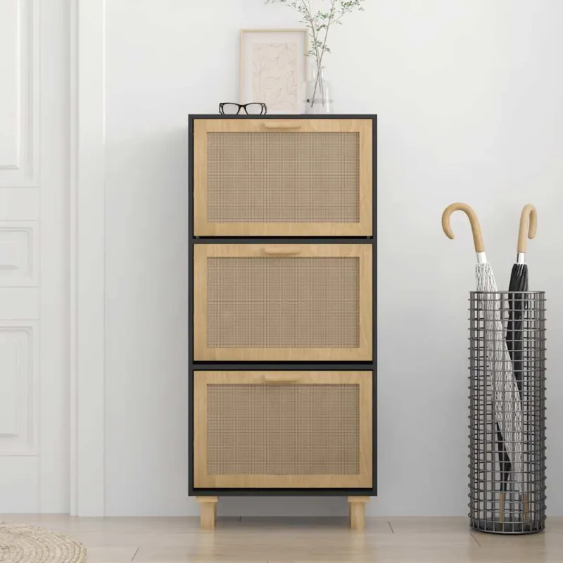 Spintelė batams, juodos spalvos, 52x25x115cm, mediena/ratanas