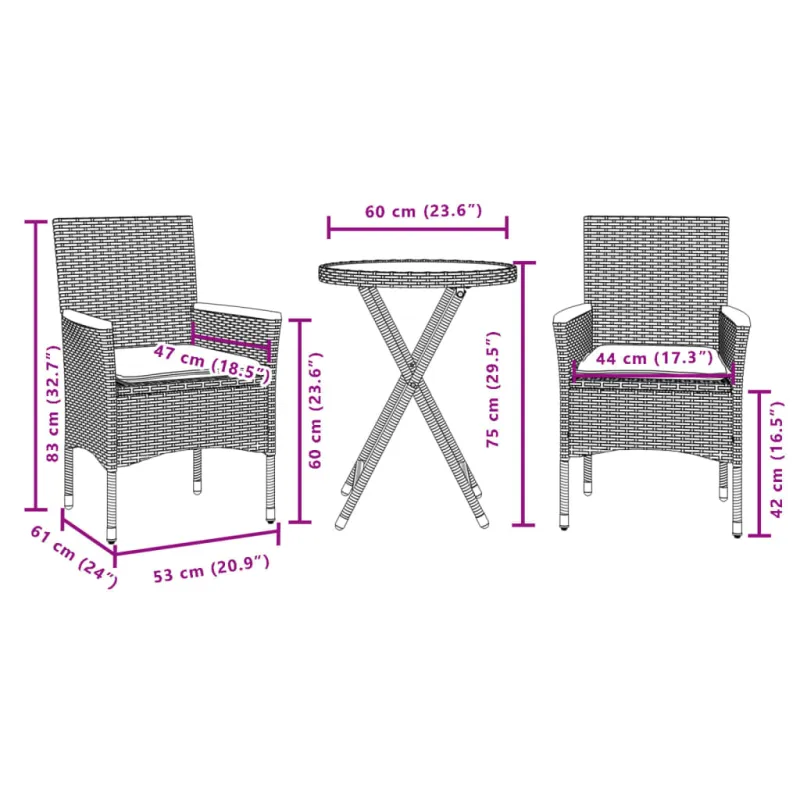 Bistro-Setti, 3-os osia, musta, polyratasta ja lasia