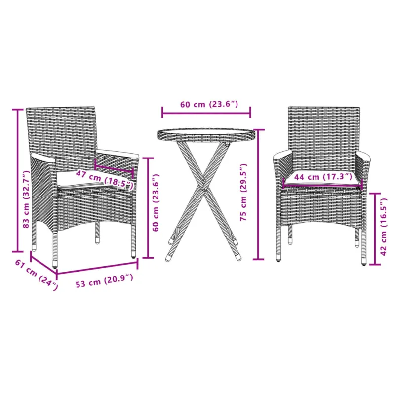 Bistro-Setti, 3-os osia, harmaa, polyrattani ja akasia