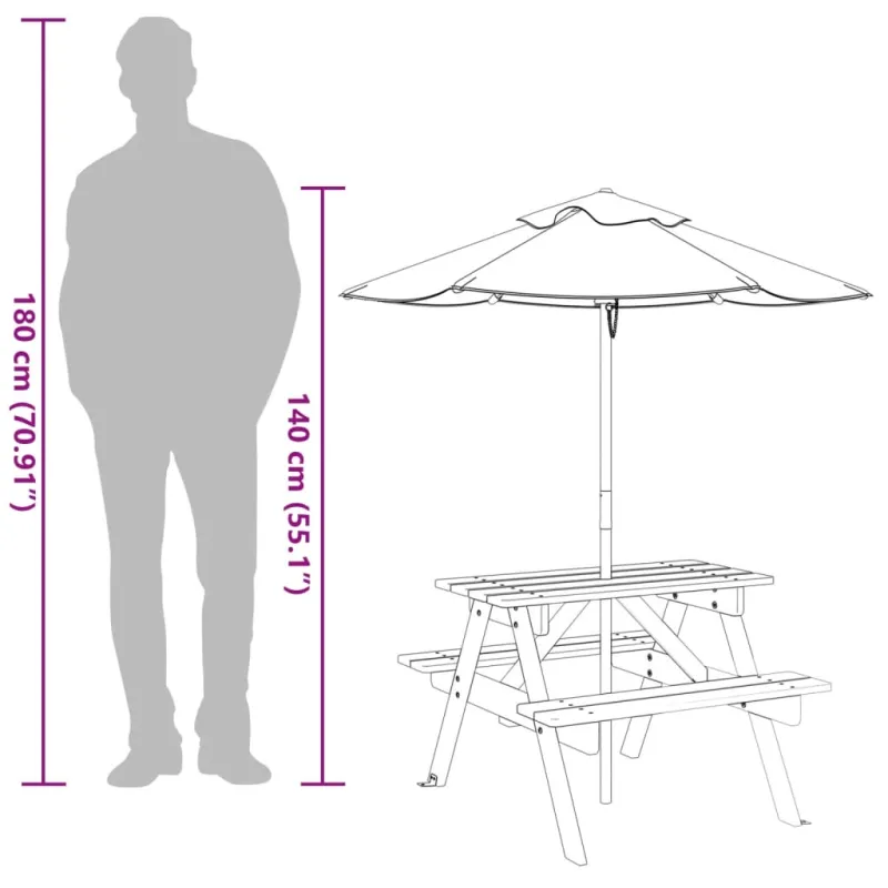 Piknikpöytä 4 lapselle, varjostimella, kuusen massiivipuuta