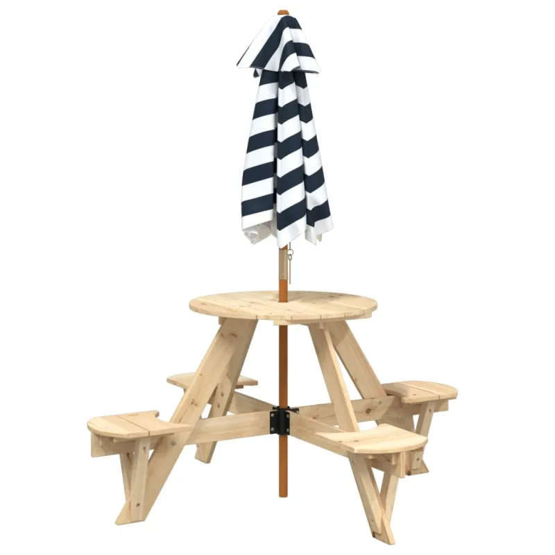 Piknikpöytä 4 lapselle, ympyräinen, kuusipuuta, sateenvarjolla