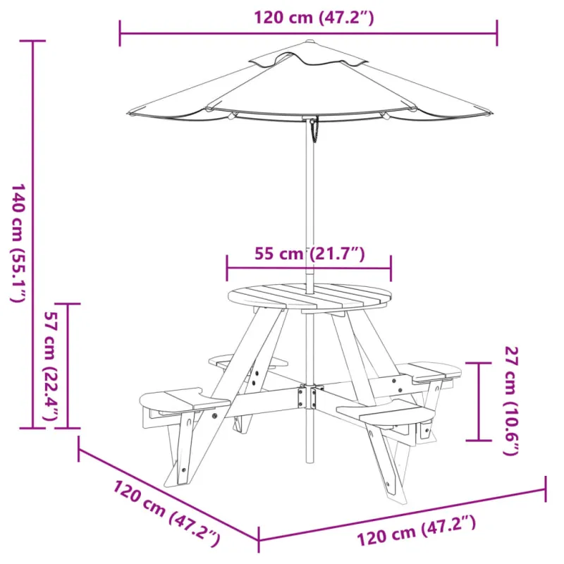 Piknikpöytä 4 lapselle, markiiskuilla, kuusipuuta, pyöreä