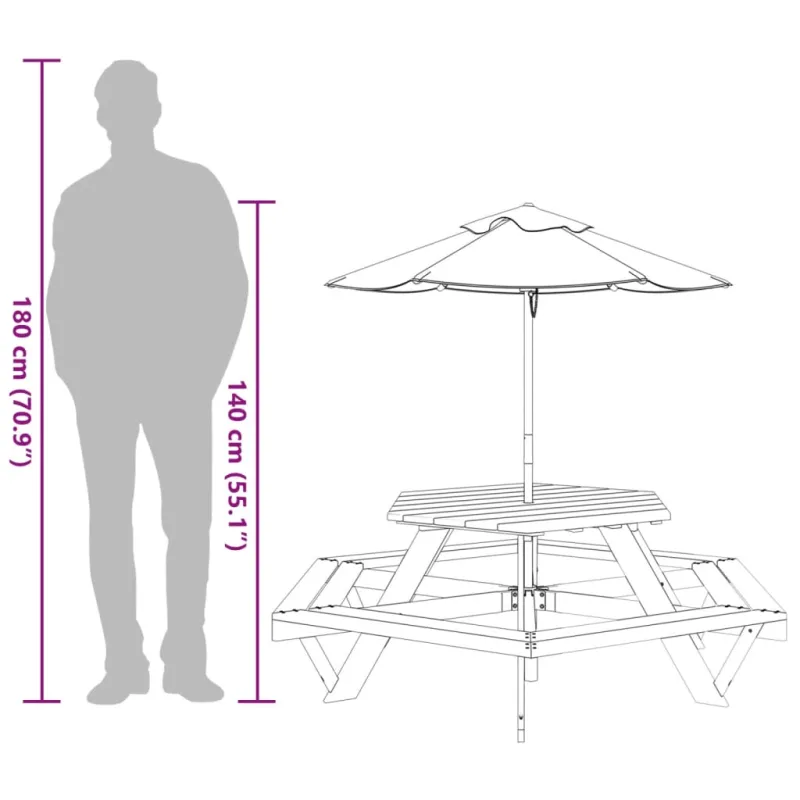 Piknikpöytä 6 lapselle, sateenvarjolla, kuusipuuta, kuusikulmainen