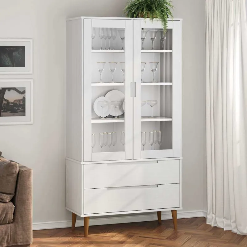 Vitrininė spintelė MOLDE, balta, 90x35x175cm, pušies masyvas