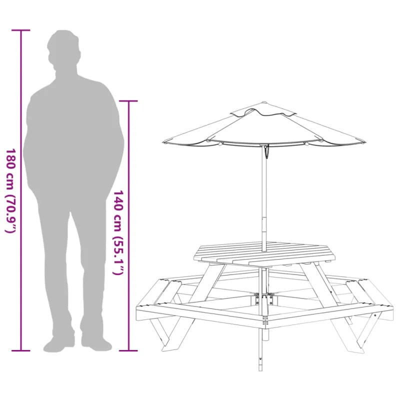 Piknikpöytä 6 lapselle, sateenvarjolla, kuusipuuta, kuusikulmainen