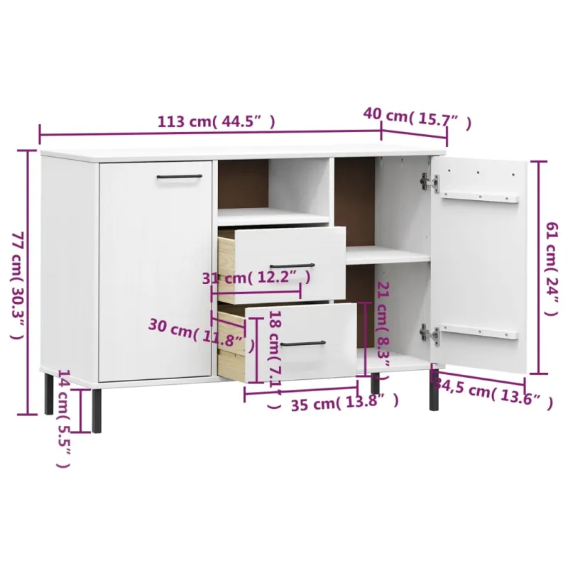 Šoninė spintelė su kojomis, balta, 113x40x77cm, mediena, OSLO