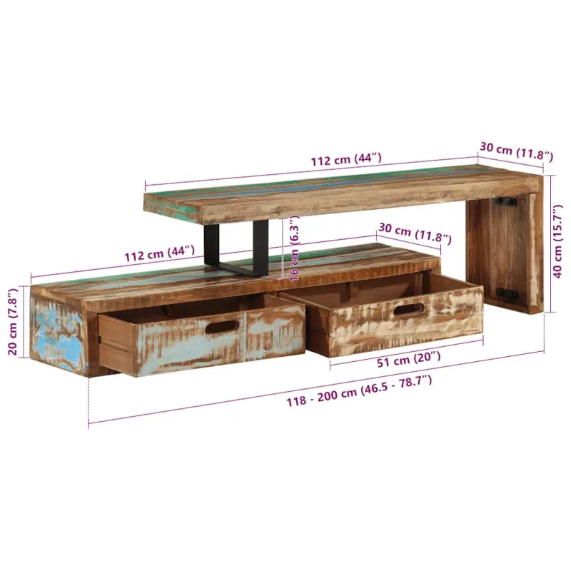 TV staliukas, (118-200) x 30 x 40 cm, perdirbtos medienos masyvas