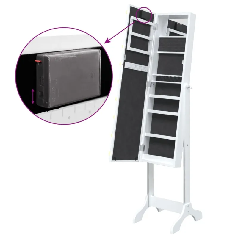 Laisvai pastatomas veidrodis su LED, baltas, 34x37x146cm