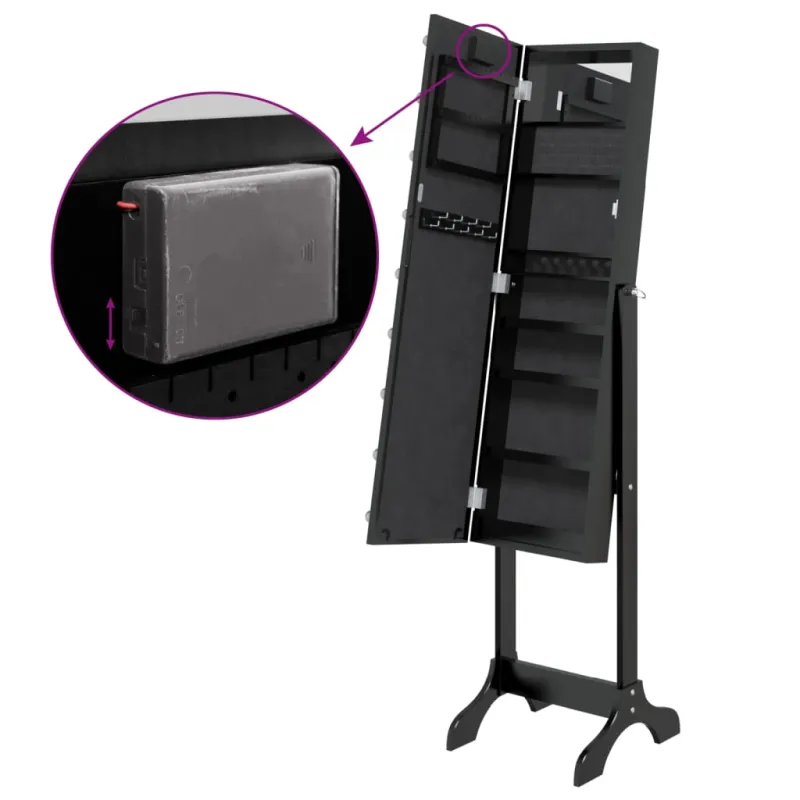 Laisvai pastatomas veidrodis su LED, juodas, 34x37x146cm