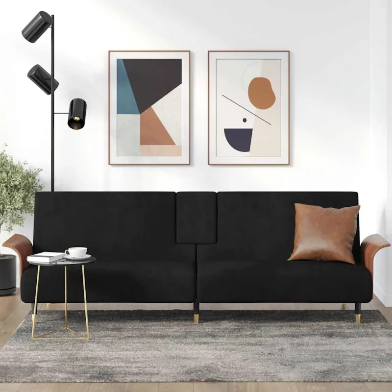 Sofa-lova su puodelių laikikliais, juodos spalvos, aksomas