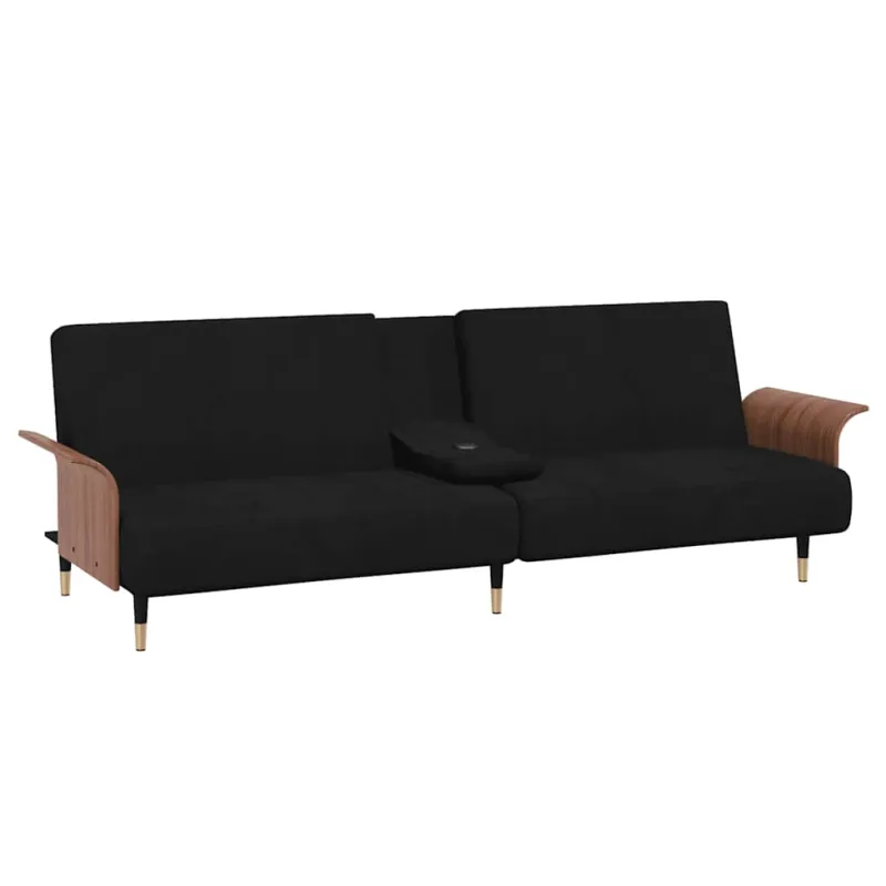 Sofa-lova su puodelių laikikliais, juodos spalvos, aksomas