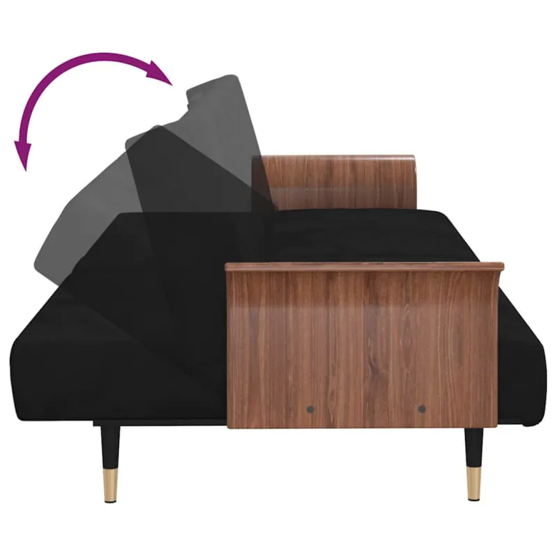 Sofa-lova su puodelių laikikliais, juodos spalvos, aksomas