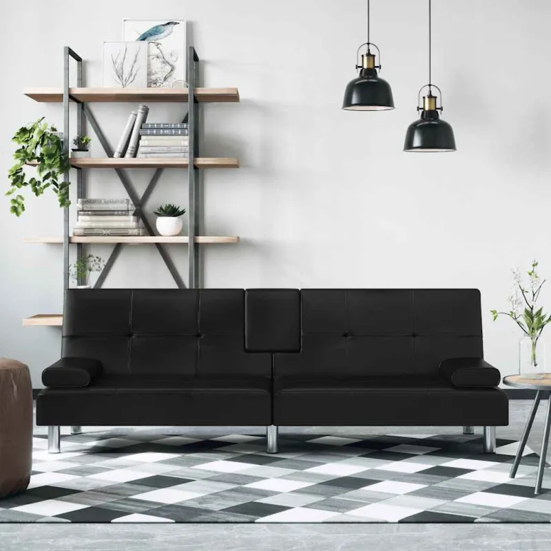 Sofa-lova su puodelių laikikliais, juodos spalvos, dirbtinė oda