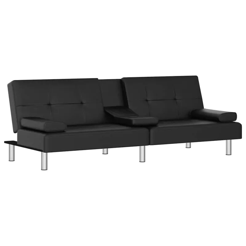 Sofa-lova su puodelių laikikliais, juodos spalvos, dirbtinė oda