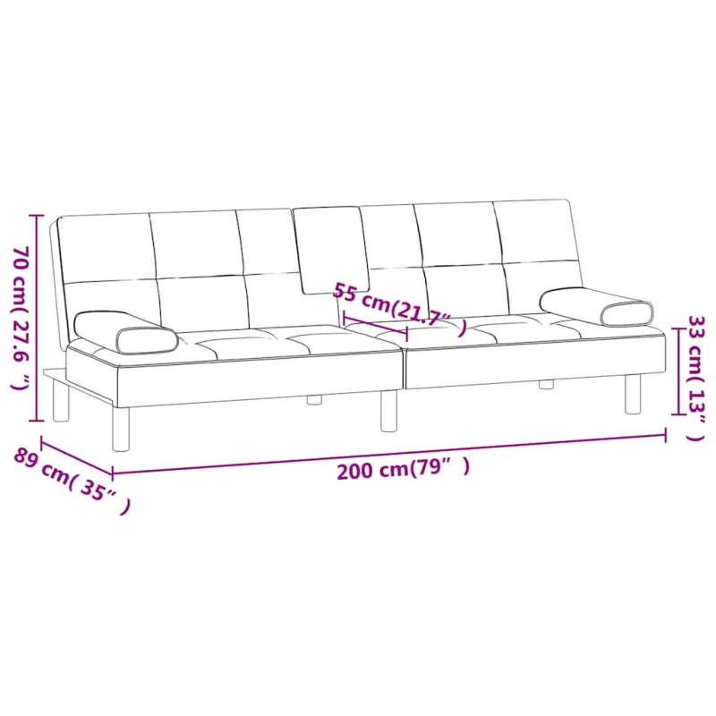 Sofa-lova su puodelių laikikliais, juodos spalvos, dirbtinė oda