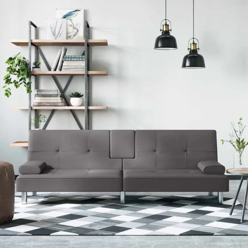 Sofa-lova su puodelių laikikliais, pilkos spalvos, dirbtinė oda