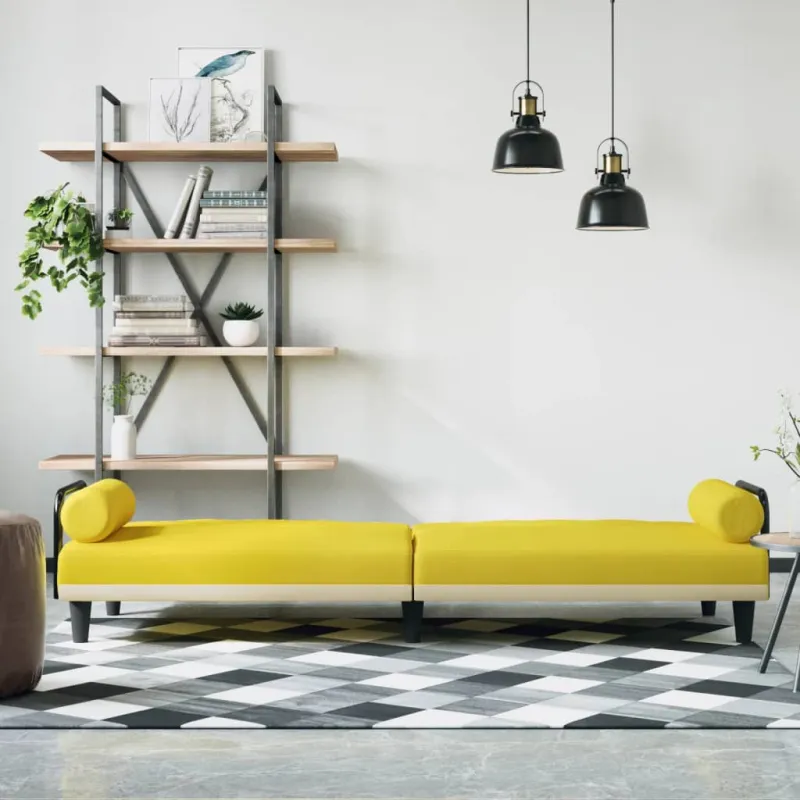 Sofa-lova su porankiais, šviesiai geltonos spalvos, audinys