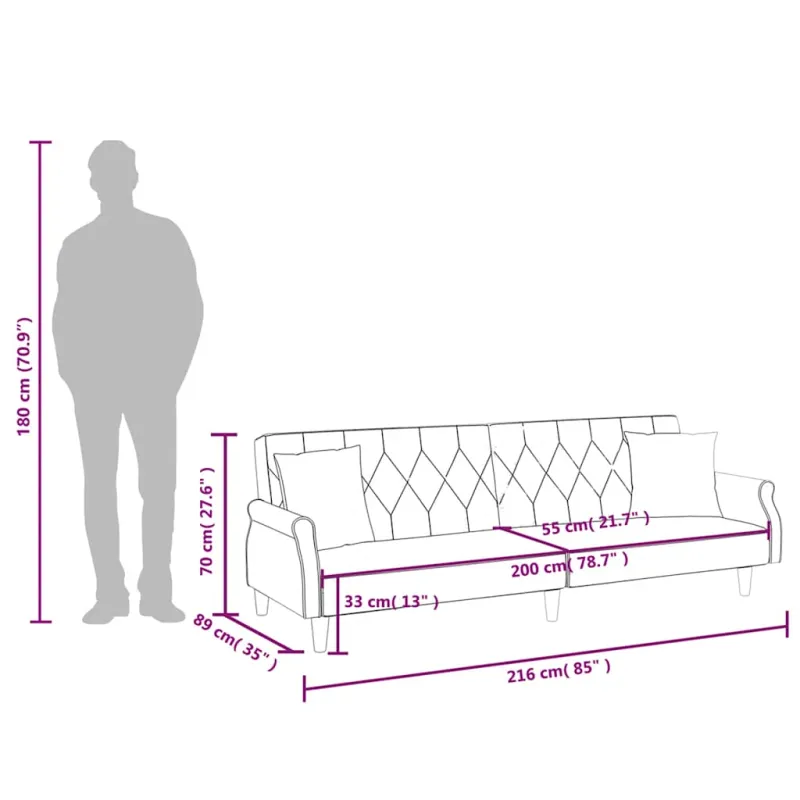 Sofa-lova su porankiais, šviesiai pilkos spalvos, aksomas