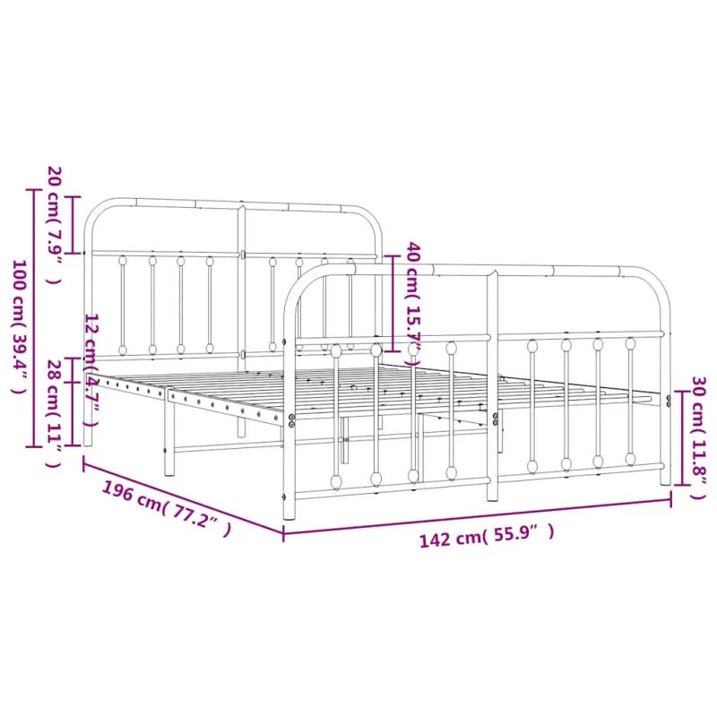 Lovos rėmas su galvūgaliu/kojūgaliu, baltas, 135x190cm, metalas
