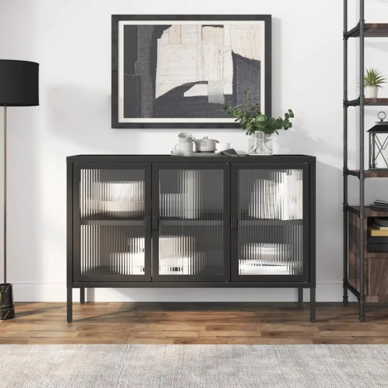 Šoninė spintelė, juoda, 105x35x70cm, stiklas ir plienas