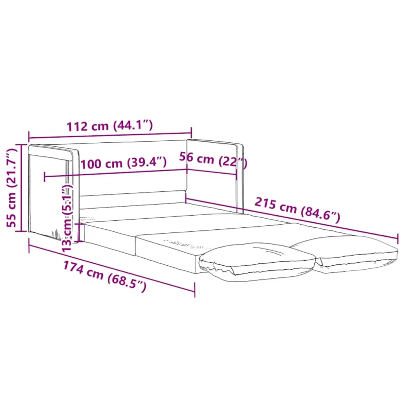 Grindų sofa-lova, 2-1, juodos spalvos, 112x174x55cm, audinys