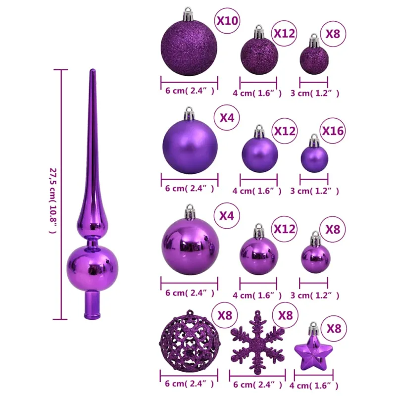 Kalėdinių žaisliukų rinkinys, 111vnt., violetinis, polistirenas