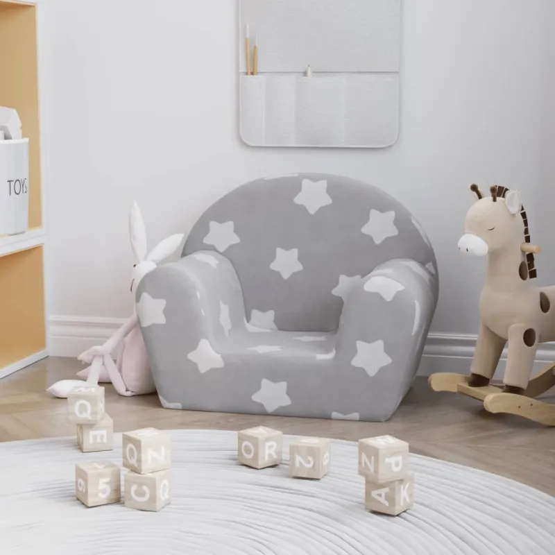 Vaikiška sofa, šviesiai pilka, minkštas pliušas, su žvaigždėmis