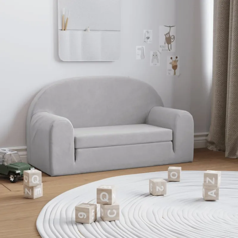 Vaikiška dvivietė sofa-lova, šviesiai pilka, minkštas pliušas