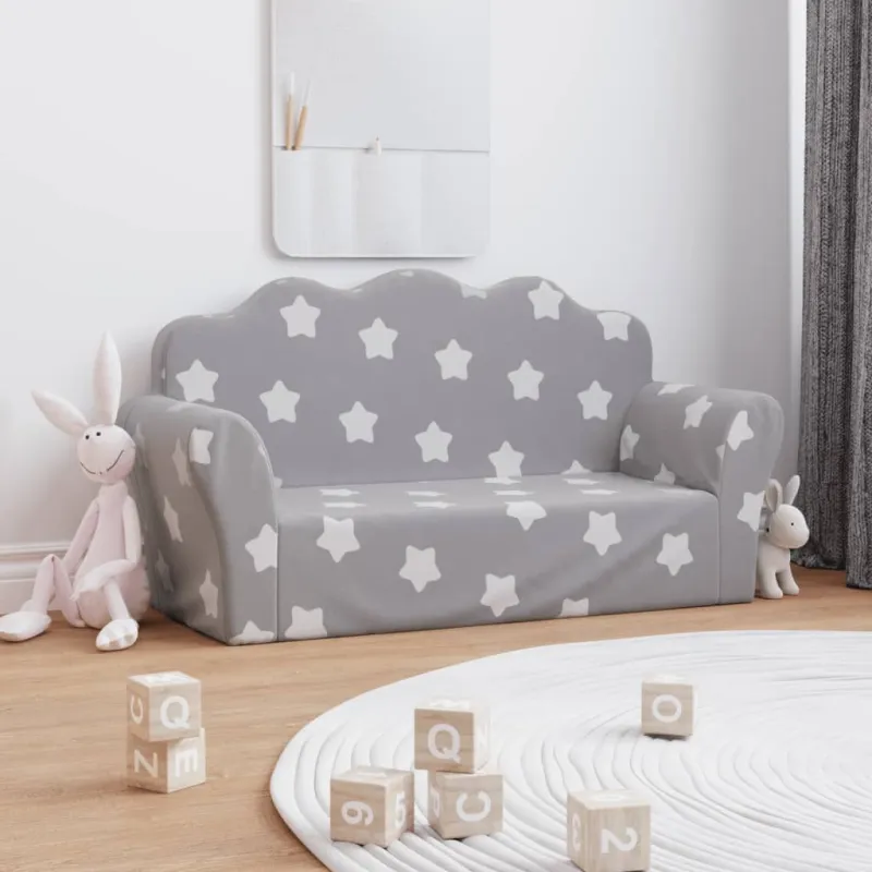 Vaikiška dvivietė sofa, pilka, minkštas pliušas, su žvaigždėmis