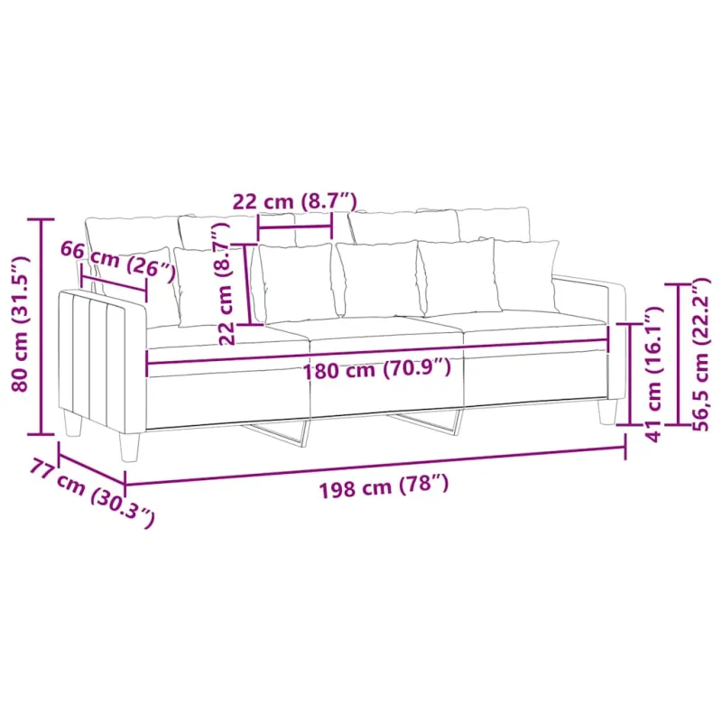 Trivietė sofa, juodos spalvos, 180cm, audinys