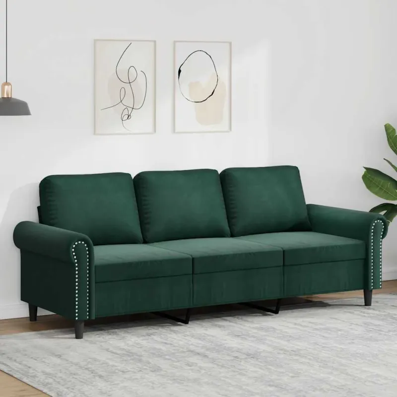 Trivietė sofa, tamsiai žalios spalvos, 180cm, aksomas