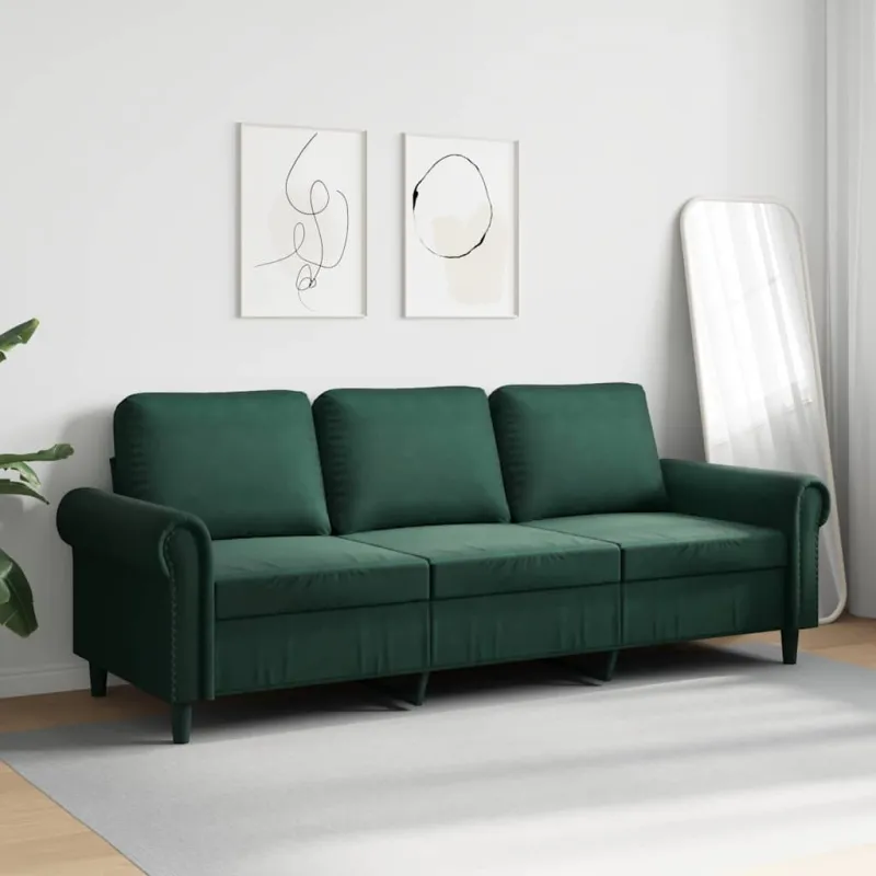 Trivietė sofa, tamsiai žalios spalvos, 180cm, aksomas
