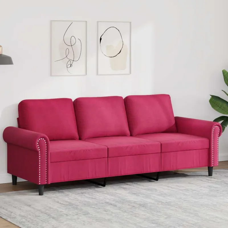 Trivietė sofa, raudonojo vyno spalvos, 180cm, aksomas