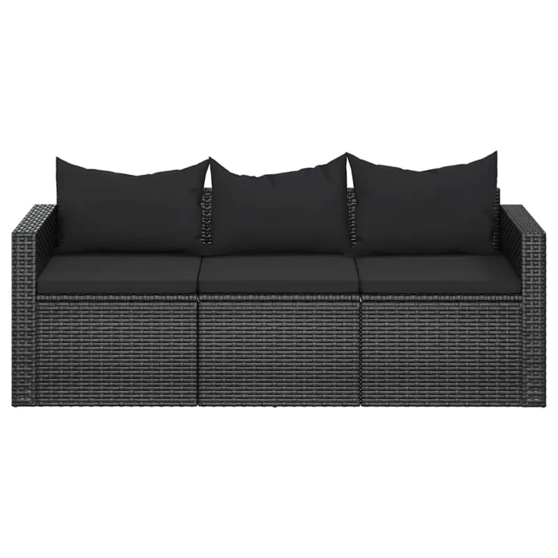 Trivietė sodo sofa su pagalvėlėmis, juodos spalvos, poliratanas
