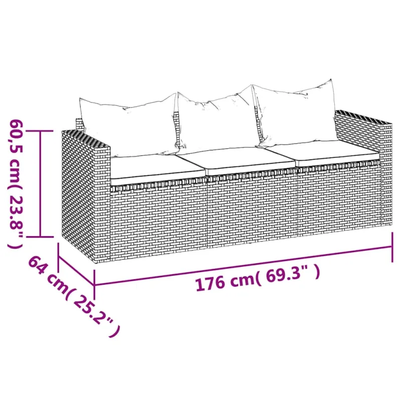 Trivietė sodo sofa su pagalvėlėmis, juodos spalvos, poliratanas