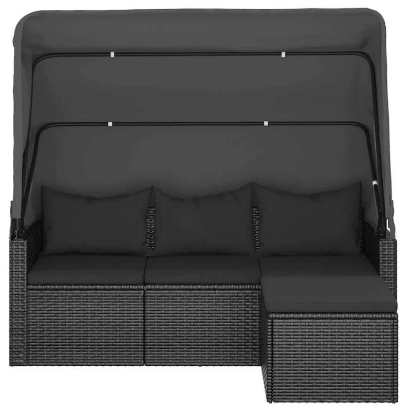 Trivietė sodo sofa su stogeliu ir pakoja, juoda, poliratanas