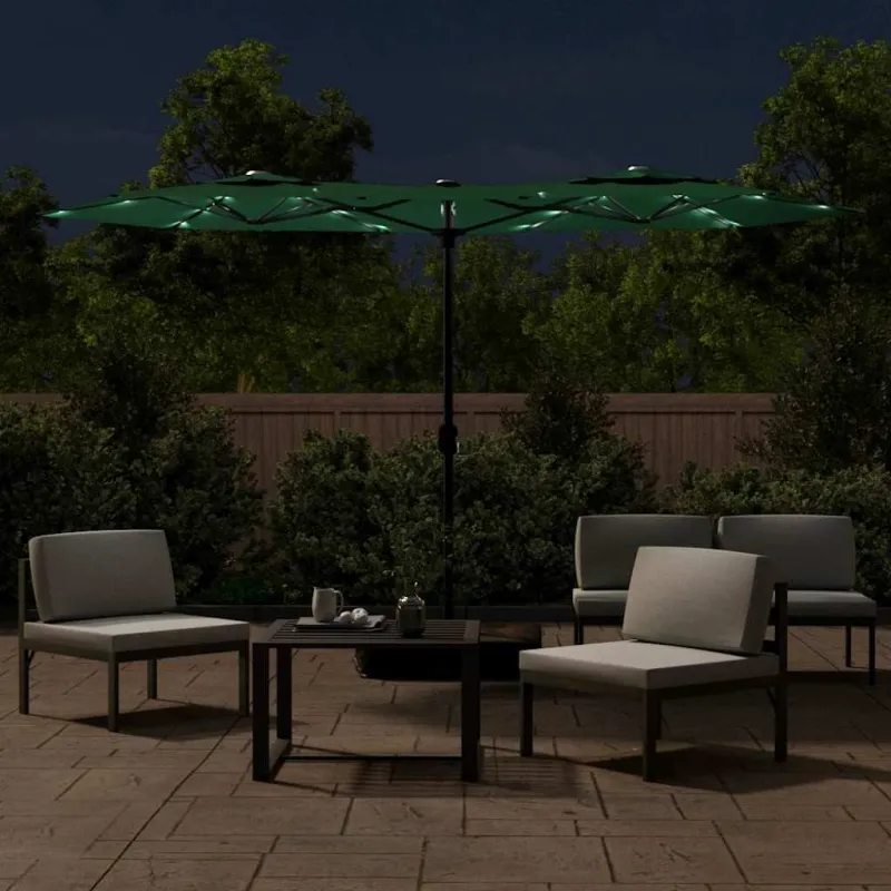Dvigubas sodo skėtis nuo saulės su LED, žalias, 316x145cm
