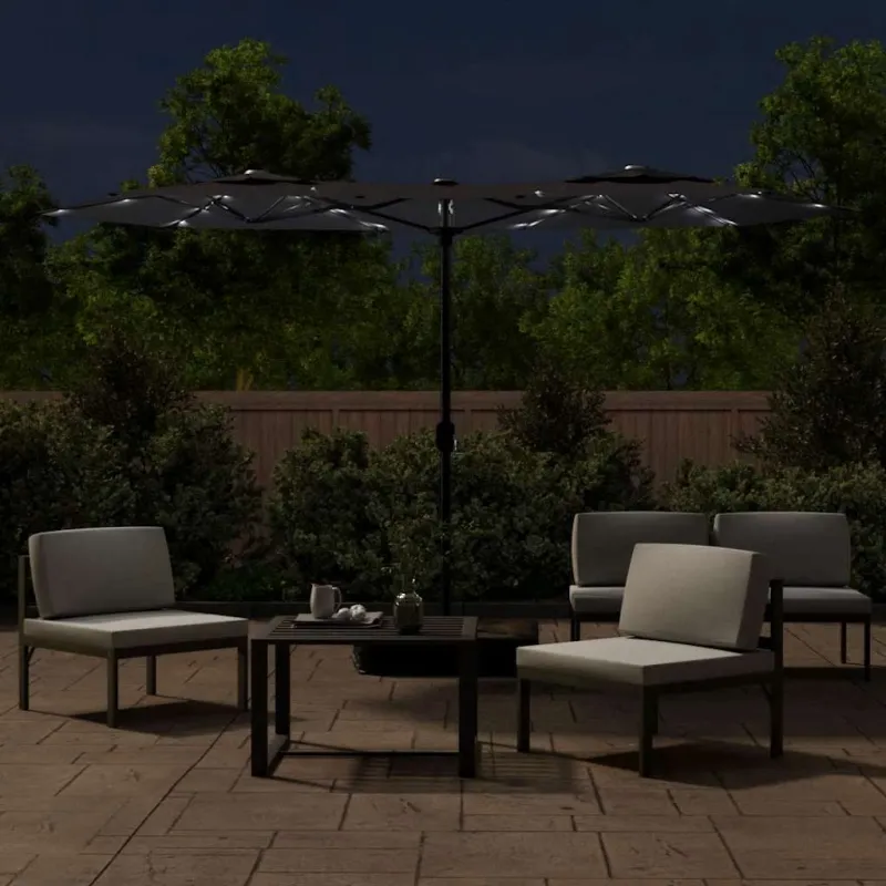 Dvigubas sodo skėtis nuo saulės su LED, juodas, 316x145cm